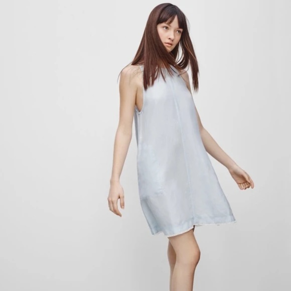 Wilfred Aritzia Trompette Linen Mini Dress Light Blue Raw Hem Pockets